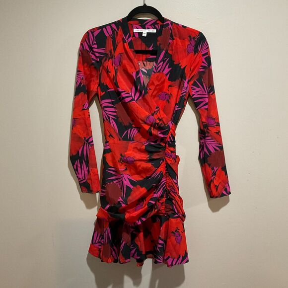 Veronica Beard Lorina Silk Wrap Mini Dress Floral Tropical Ruffle Hem Size 0 - Picture 1 of 16